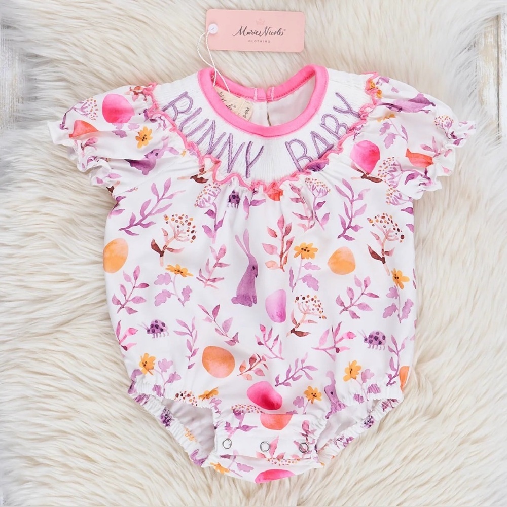Marie Nicole Girls Floral Smocked "Bunny Baby" Bubble Suit Size 18-24 Months